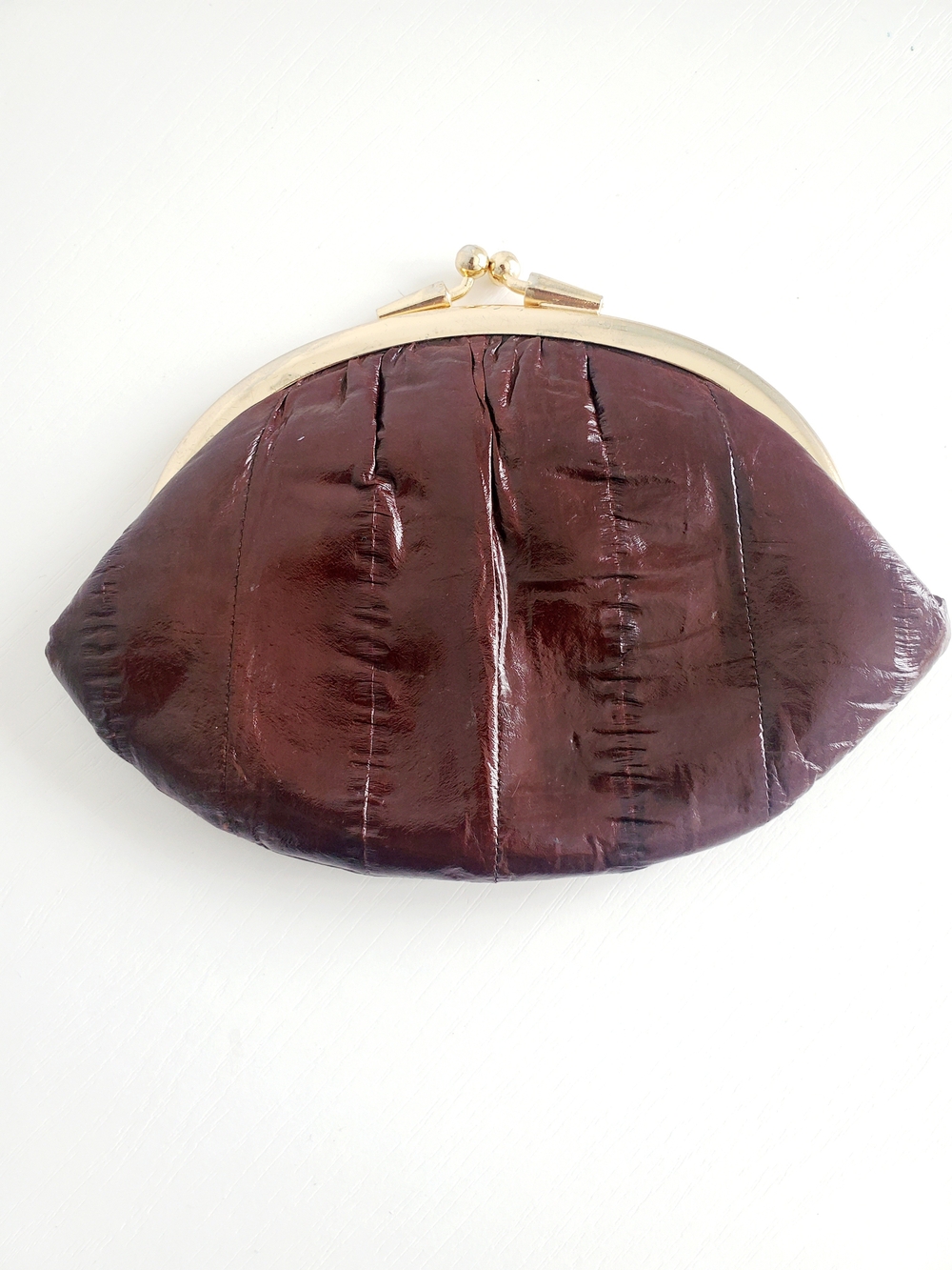 Eel Skin Dark Brown Kiss-Lock Coin Purse with Metal Frame
